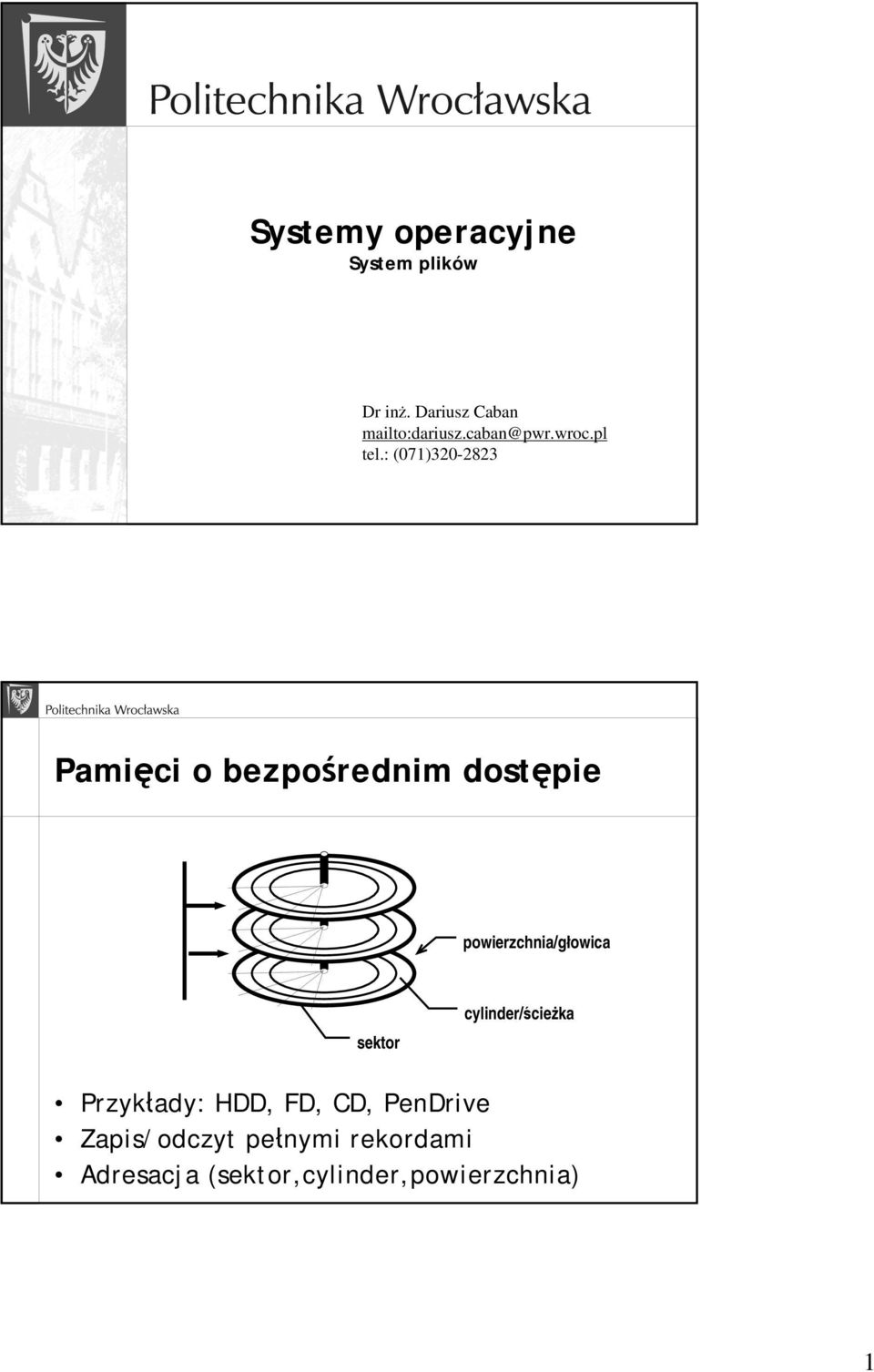 : (071)320-2823 Pamięci o bezpośrednim dostępie powierzchnia/głowica