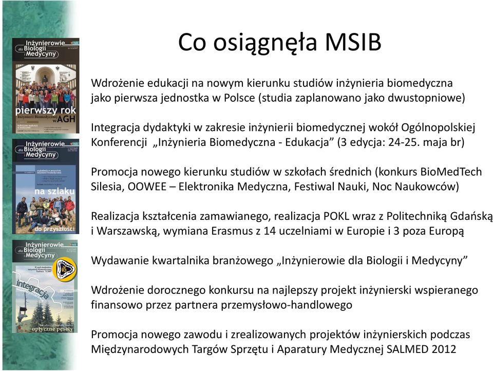 maja br) Promocja nowego kierunku studiów w szkołach średnich (konkurs BioMedTech Silesia, OOWEE Elektronika Medyczna, Festiwal Nauki, Noc Naukowców) Realizacja kształcenia zamawianego, realizacja