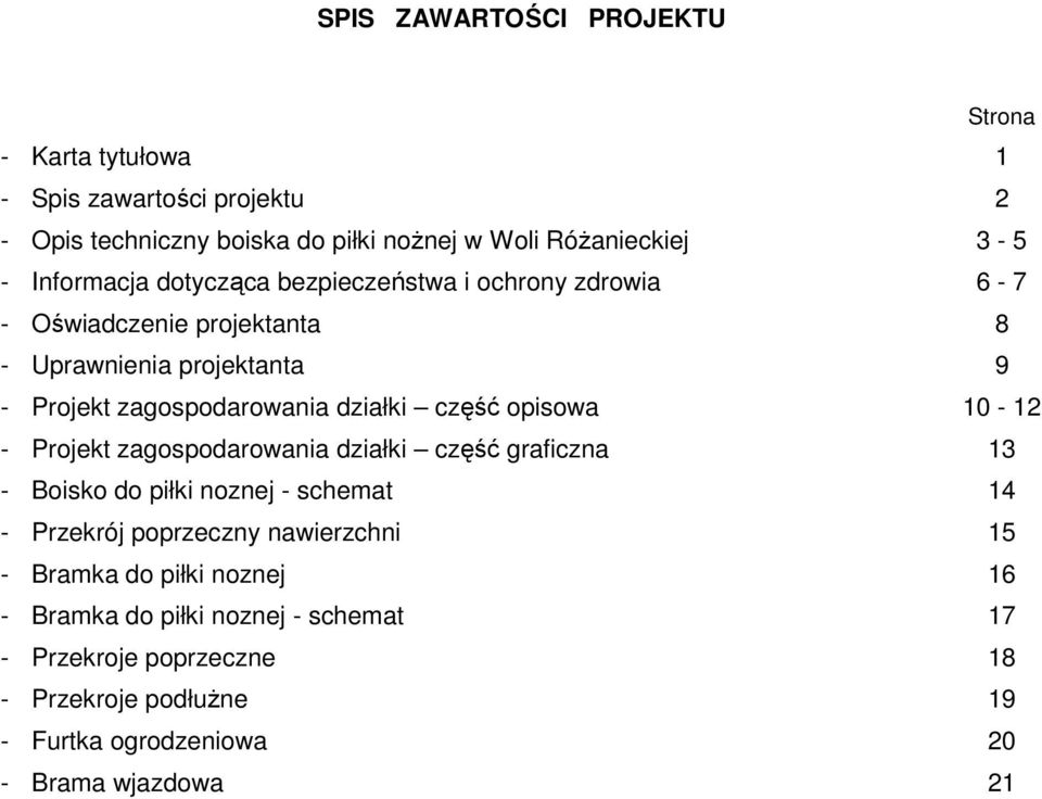 część opisowa 10-12 - Projekt zagospodarowania działki część graficzna 13 - Boisko do piłki noznej - schemat 14 - Przekrój poprzeczny nawierzchni 15 -