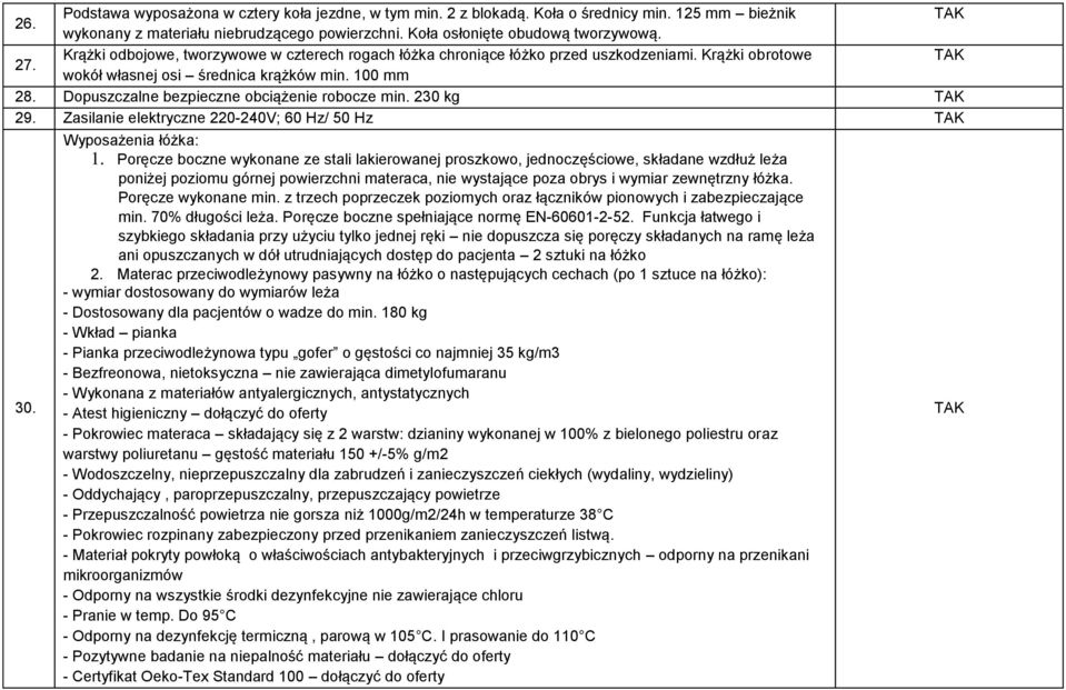 Dopuszczalne bezpieczne obciążenie robocze min. 230 kg 29. Zasilanie elektryczne 220-240V; 60 Hz/ 50 Hz 30. Wyposażenia łóżka: 1.