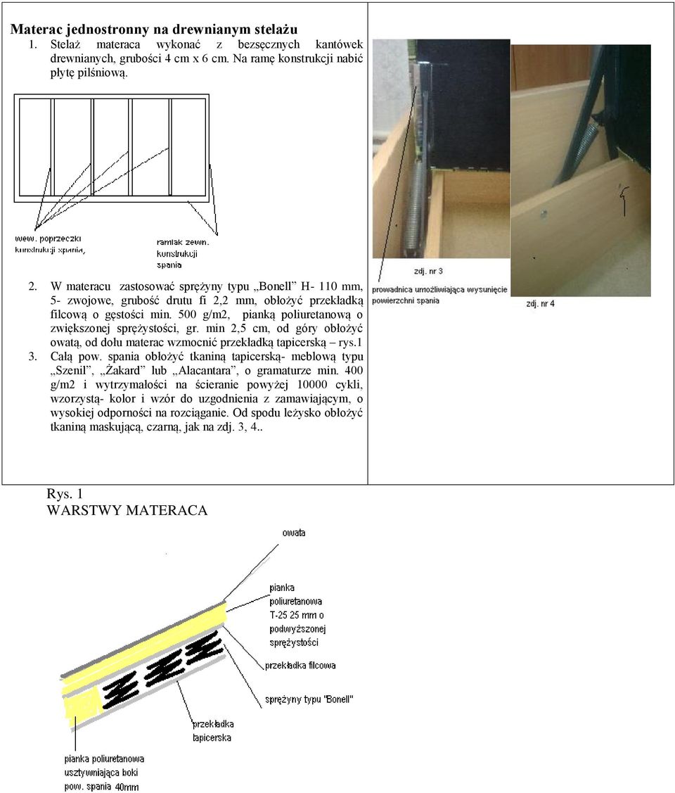 min 2,5 cm, od góry obłożyć owatą, od dołu materac wzmocnić przekładką tapicerską rys.1 3. Całą pow. spania obłożyć tkaniną tapicerską- meblową typu Szenil, Żakard lub Alacantara, o gramaturze min.