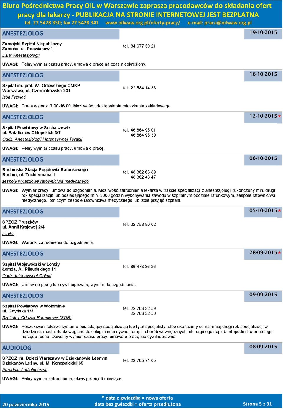 Możliwość udostępnienia mieszkania zakładowego. ANESTEZJOLOG 12-10-2015 Szpital Powiatowy w Sochaczewie ul. Batalionów Chłopskich 3/7 Oddz. Anestezjologii i Intensywnej Terapii tel.