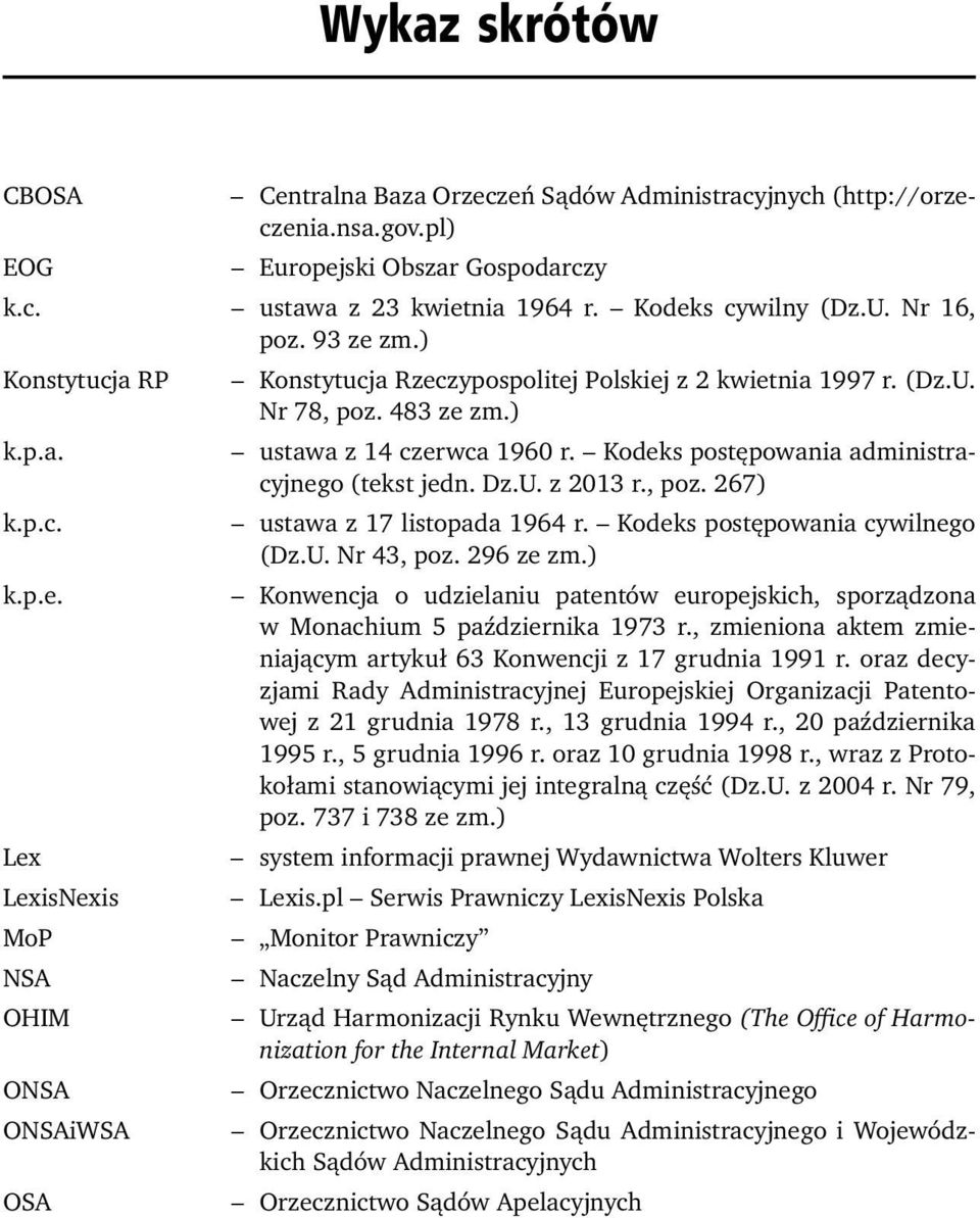 Kodeks postępowania administracyjnego (tekst jedn. Dz.U. z 2013 r., poz. 267) k.p.c. ustawa z 17 listopada 1964 r. Kodeks postępowania cywilnego (Dz.U. Nr 43, poz. 296 ze zm.) k.p.e. Konwencja o udzielaniu patentów europejskich, sporządzona w Monachium 5 października 1973 r.