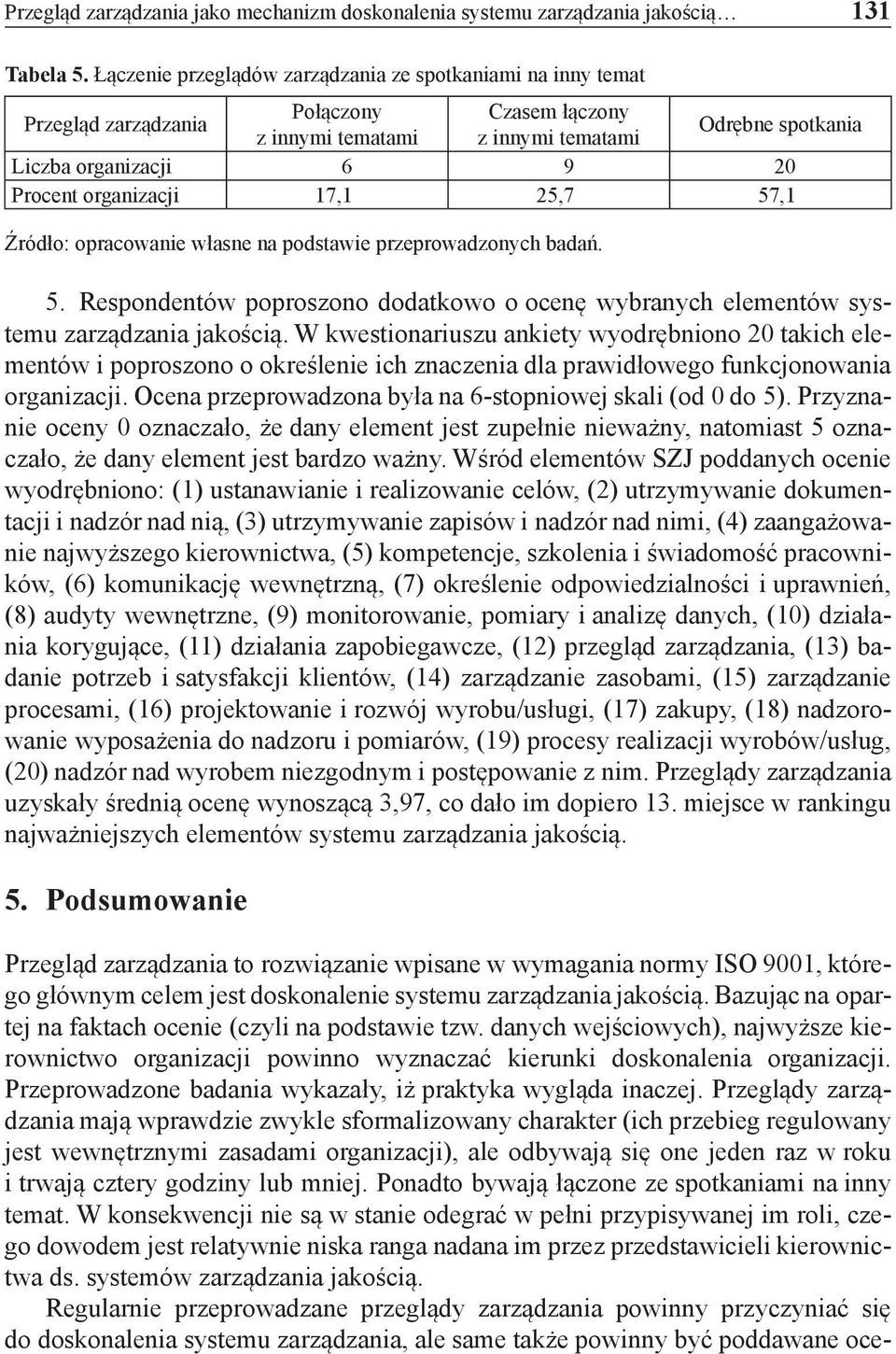 organizacji 17,1 25,7 57,1 Źródło: opracowanie własne na podstawie przeprowadzonych badań. 5. Respondentów poproszono dodatkowo o ocenę wybranych elementów systemu zarządzania jakością.