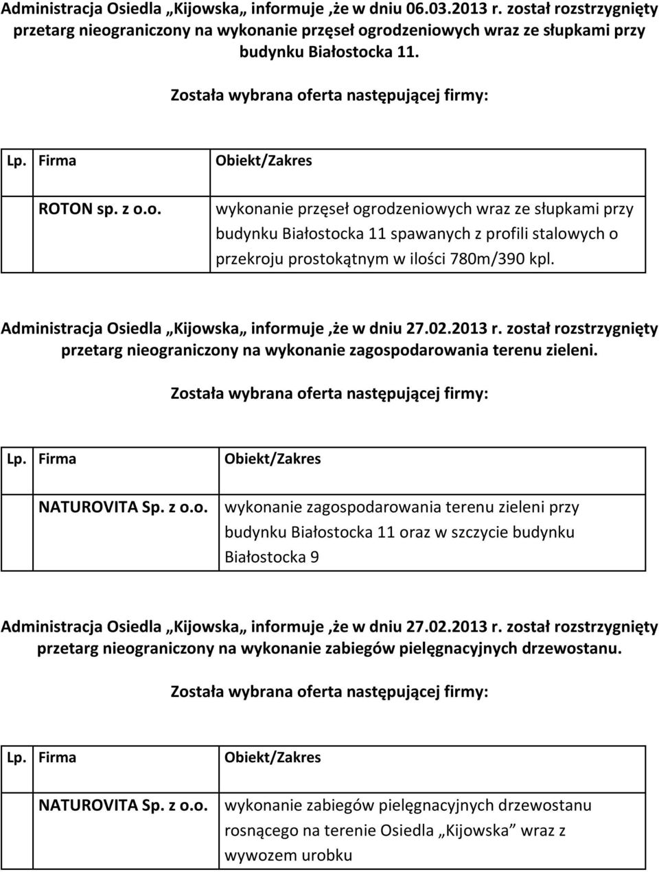 Administracja Osiedla Kijowska informuje,że w dniu 27.02.2013 r. został rozstrzygnięty przetarg nieograniczony na wykonanie zagospodarowania terenu zieleni. NATUROVITA Sp. z o.o. wykonanie zagospodarowania terenu zieleni przy budynku Białostocka 11 oraz w szczycie budynku Białostocka 9 Administracja Osiedla Kijowska informuje,że w dniu 27.