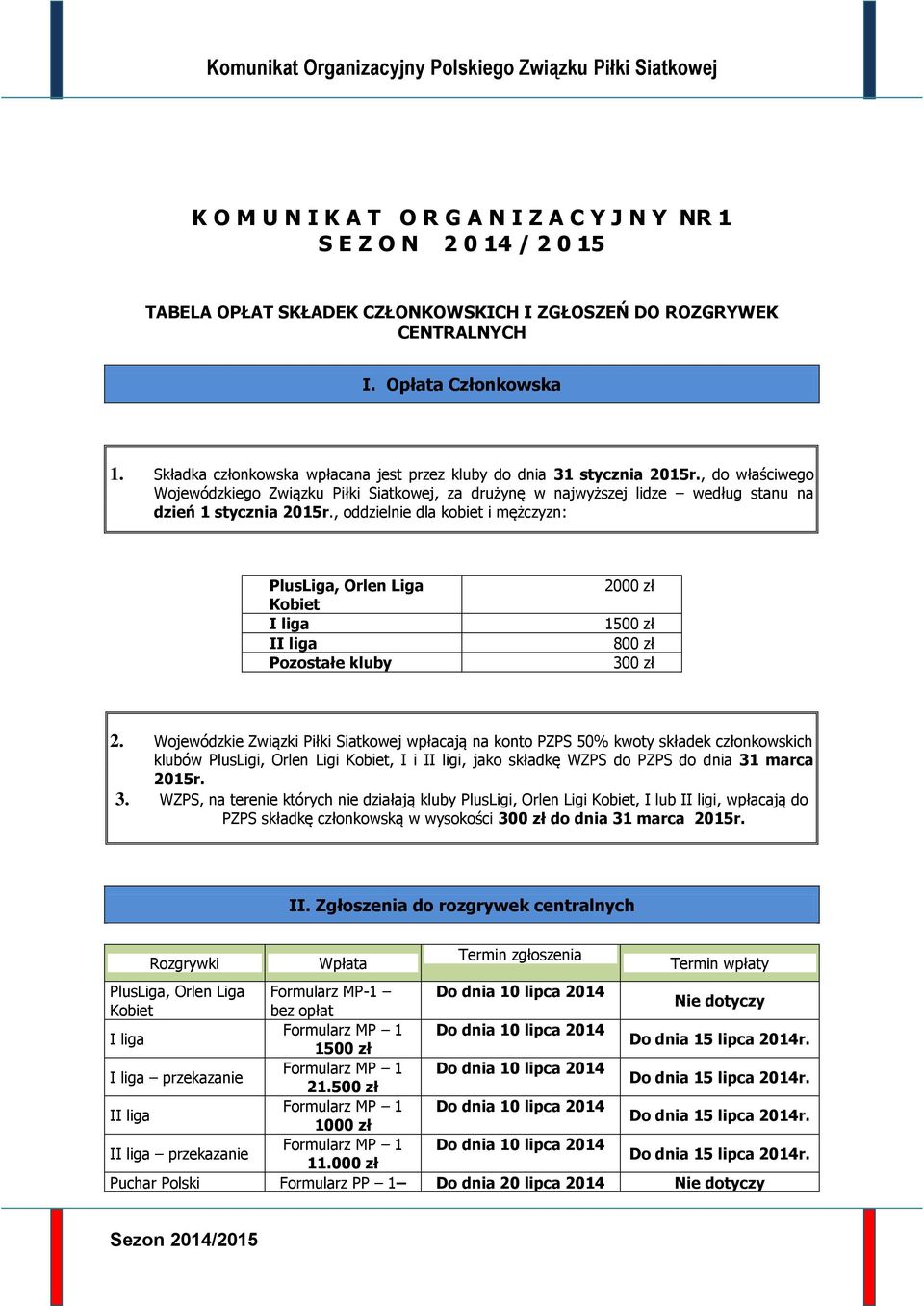 , oddzielnie dla kobiet i mężczyzn: PlusLiga, Orlen Liga Kobiet I liga II liga Pozostałe kluby 2000 zł 1500 zł 800 zł 300 zł 2.