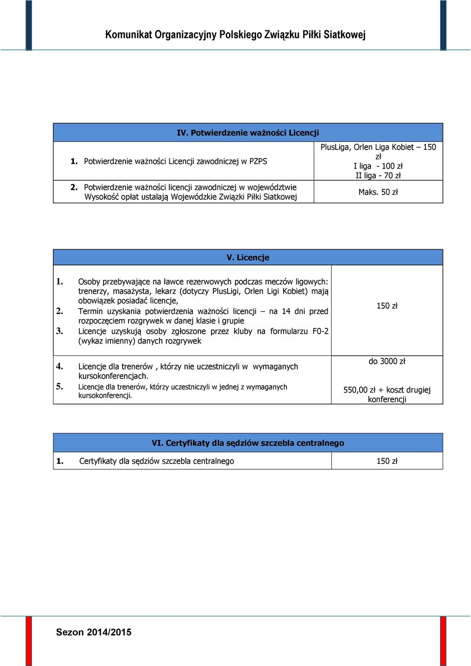 Licencje 1. Osoby przebywające na ławce rezerwowych podczas meczów ligowych: trenerzy, masażysta, lekarz (dotyczy PlusLigi, Orlen Ligi Kobiet) mają obowiązek posiadać licencje, 2.