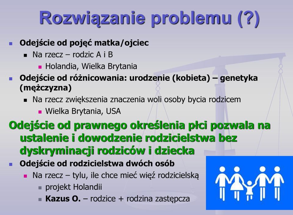 genetyka (mężczyzna) Na rzecz zwiększenia znaczenia woli osoby bycia rodzicem Wielka Brytania, USA Odejście od prawnego