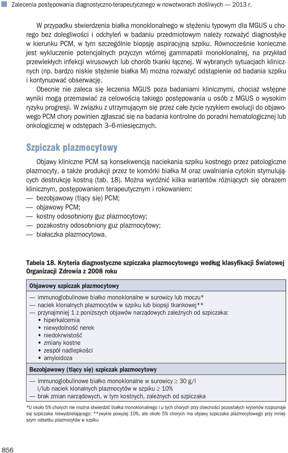 biopsję aspiracyjną szpiku. Równocześnie konieczne jest wykluczenie potencjalnych przyczyn wtórnej gammapatii monoklonalnej, na przykład przewlekłych infekcji wirusowych lub chorób tkanki łącznej.