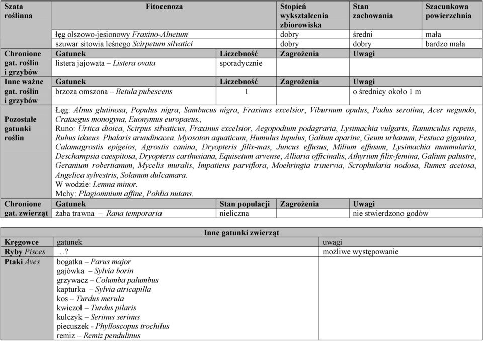leśnego Scirpetum silvatici dobry dobry bardzo mała Gatunek Liczebność Zagrożenia Uwagi listera jajowata Listera ovata sporadycznie Gatunek Liczebność Zagrożenia Uwagi brzoza omszona Betula pubescens