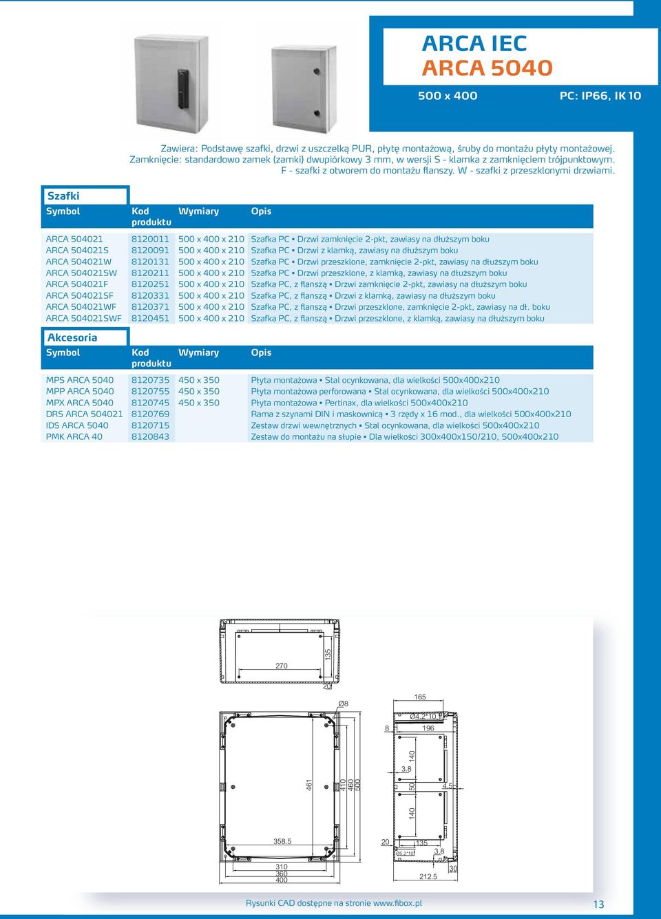 ARCA 504021 81011 500 x 400 x 210 Szafka PC Drzwi zamknięcie 2-pkt, zawiasy na dłuższym boku ARCA 504021S 81091 500 x 400 x 210 Szafka PC Drzwi z klamką, zawiasy na dłuższym boku ARCA 504021W 81131