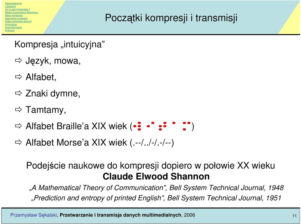 -/--) Podejście naukowe do kompresji dopiero w połowie XX wieku Claude Elwood Shannon A Mathematical