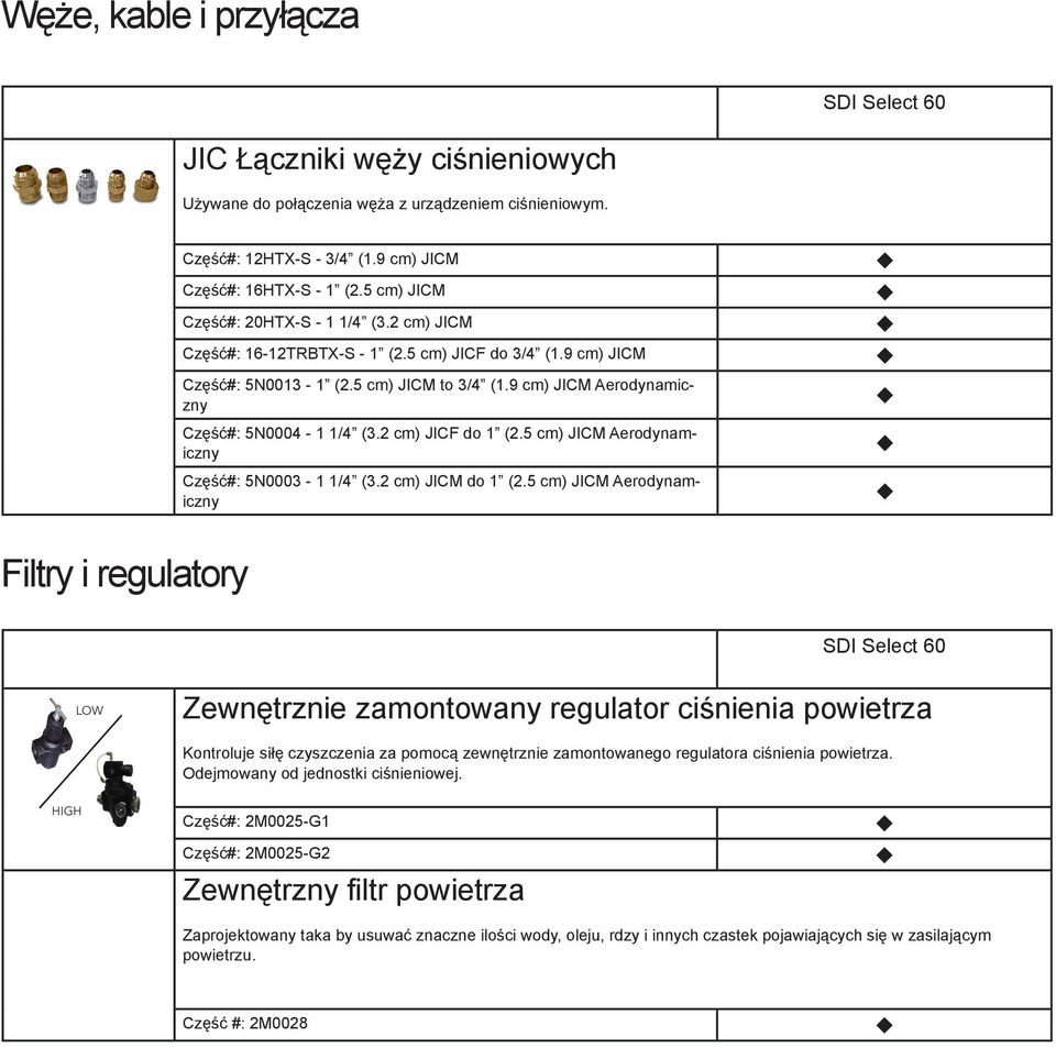 2 cm) JICM do JICM Aerodynamiczny Filtry i reglatory LOW Zewnętrznie zamontowany reglator ciśnienia powietrza Kontrolje siłę czyszczenia za pomocą zewnętrznie zamontowanego reglatora ciśnienia