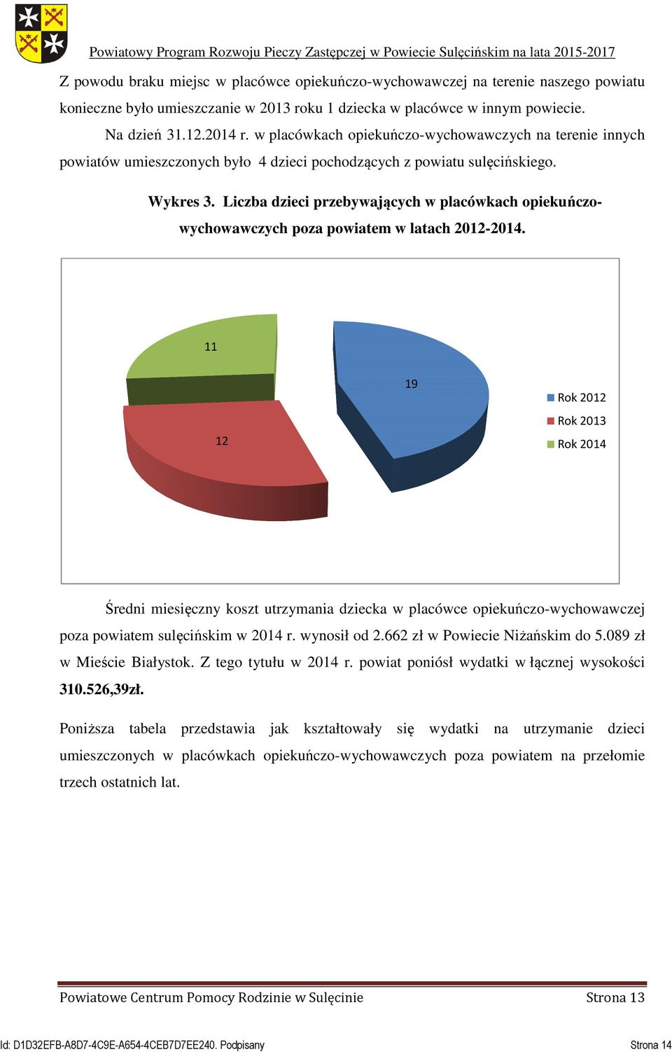 Liczba dzieci przebywających w placówkach opiekuńczowychowawczych poza powiatem w latach 2012-2014.