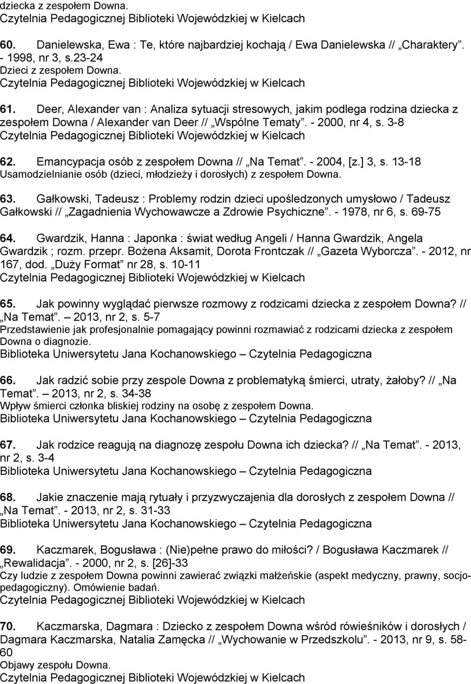 Emancypacja osób z zespołem Downa // Na Temat. - 2004, [z.] 3, s. 13-18 Usamodzielnianie osób (dzieci, młodzieży i dorosłych) z zespołem Downa. 63.
