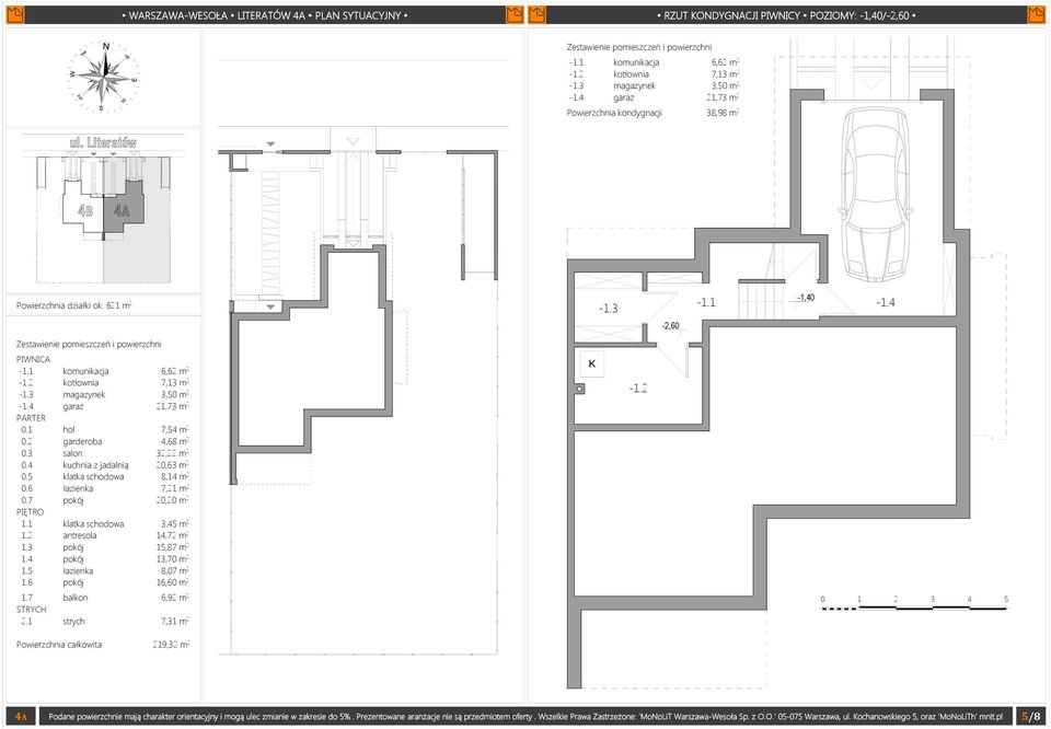 3 magazynek 3,50 m 2-1.4 garaż 21,73 m 2 PARTER 0.1 hol 7,54 m 2 0.2 garderoba 4,68 m 2 0.3 salon 32,22 m 2 0.4 kuchnia z jadalnią 20,63 m 2 0.5 klatka schodowa 8,14 m 2 0.6 łazienka 7,21 m 2 0.