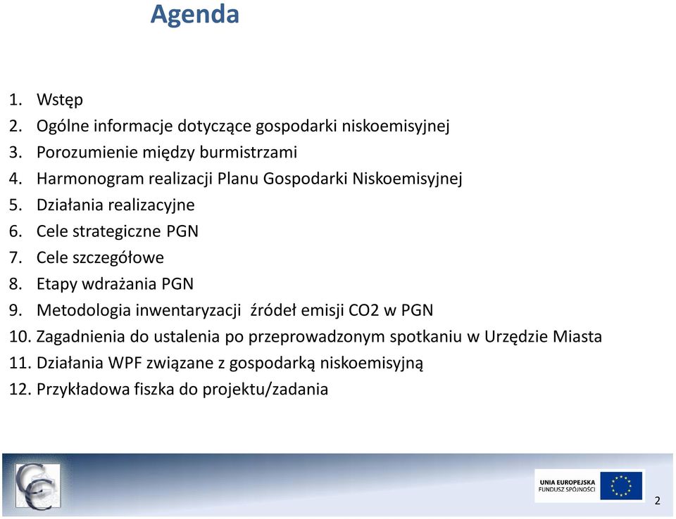 Cele szczegółowe 8. Etapy wdrażania PGN 9. Metodologia inwentaryzacji źródeł emisji CO2 w PGN 10.