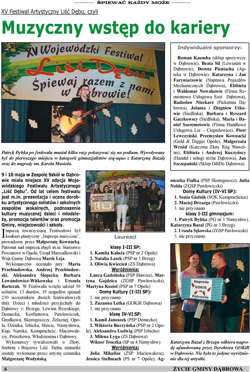 Roman Kaszuba (sklep spożywczy w Dąbrowie), Beata Sil (Lewiatan w Dąbrowie), Dorota Pieniacha (Apteka w Dąbrowie), Katarzyna i Jan Faryniarzowie (Naprawa Pojazdów Mechanicznych Dąbrowa), Elżbieta i