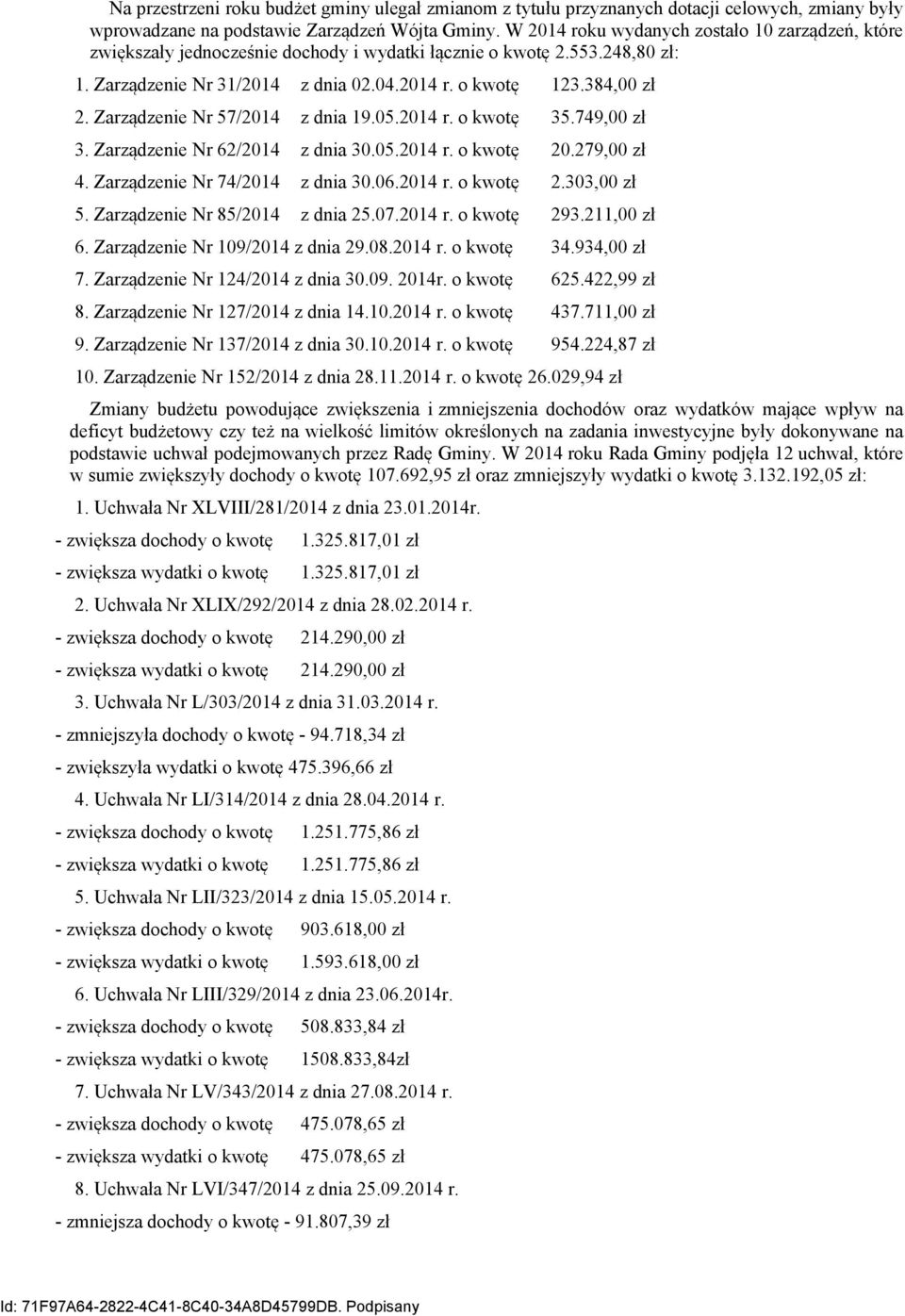 Zarządzenie Nr 57/2014 z dnia 19.05.2014 r. o kwotę 35.749,00 zł 3. Zarządzenie Nr 62/2014 z dnia 30.05.2014 r. o kwotę 20.279,00 zł 4. Zarządzenie Nr 74/2014 z dnia 30.06.2014 r. o kwotę 2.303,00 zł 5.