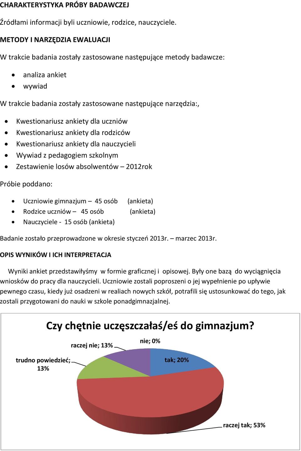 ankiety dla uczniów Kwestionariusz ankiety dla rodziców Kwestionariusz ankiety dla nauczycieli Wywiad z pedagogiem szkolnym Zestawienie losów absolwentów 2012rok Próbie poddano: gimnazjum 45 osób