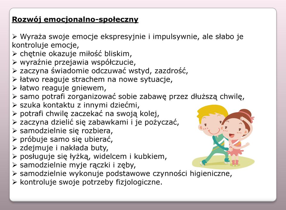 kontaktu z innymi dziećmi, potrafi chwilę zaczekać na swoją kolej, zaczyna dzielić się zabawkami i je pożyczać, samodzielnie się rozbiera, próbuje samo się ubierać, zdejmuje i