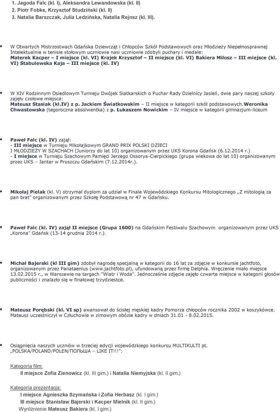 Kacper I miejsce (kl. VI) Krajek Krzysztof II miejsce (kl. VI) Bakiera Miłosz III miejsce (kl. VI) Stabulewska Kaja III miejsce (kl.