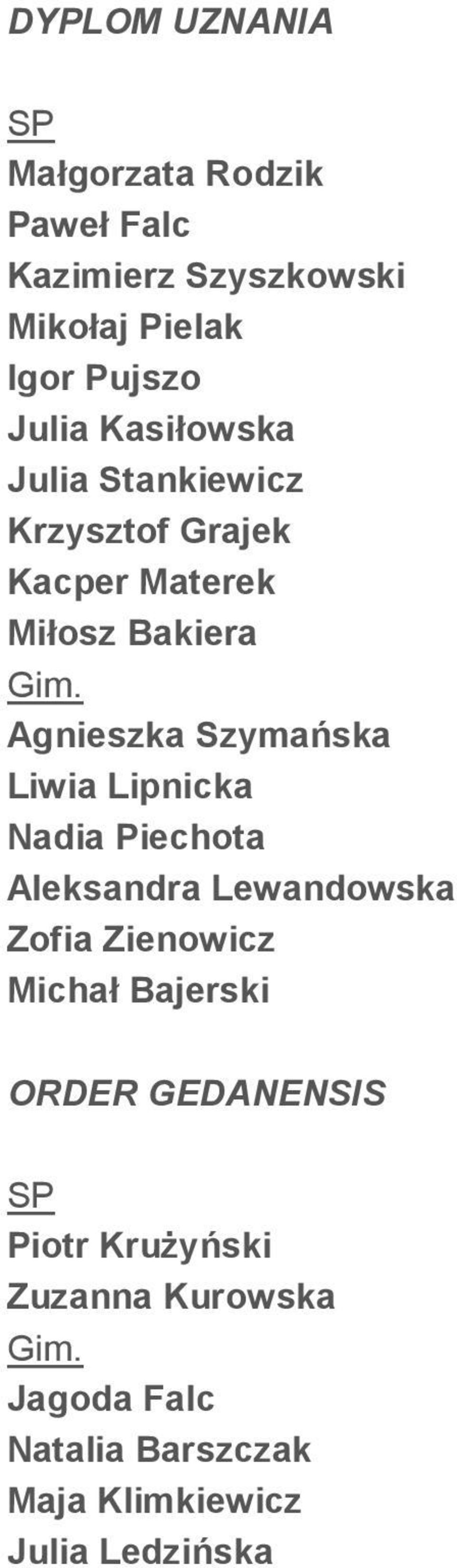 Szymańska Liwia Lipnicka Nadia Piechota Aleksandra Lewandowska Zofia Zienowicz Michał Bajerski