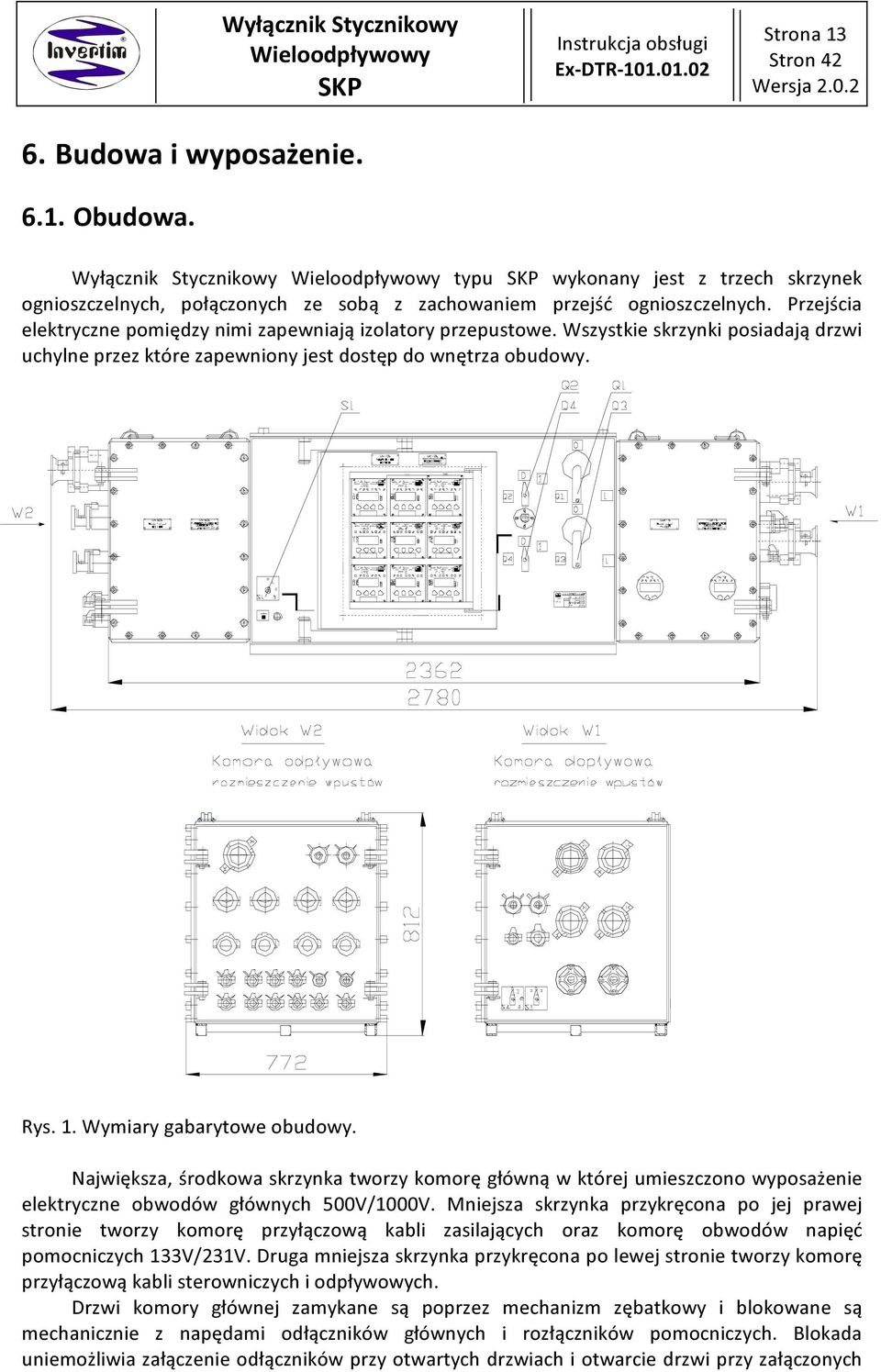 Wymiary gabarytowe obudowy. Największa, środkowa skrzynka tworzy komorę główną w której umieszczono wyposażenie elektryczne obwodów głównych 500V/1000V.