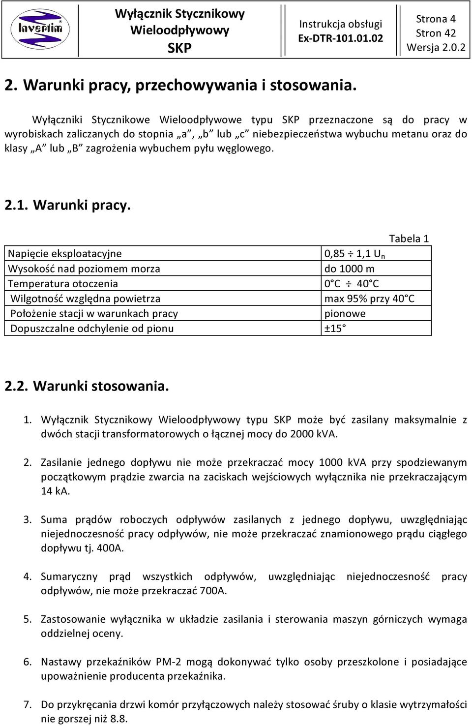 węglowego. 2.1. Warunki pracy.