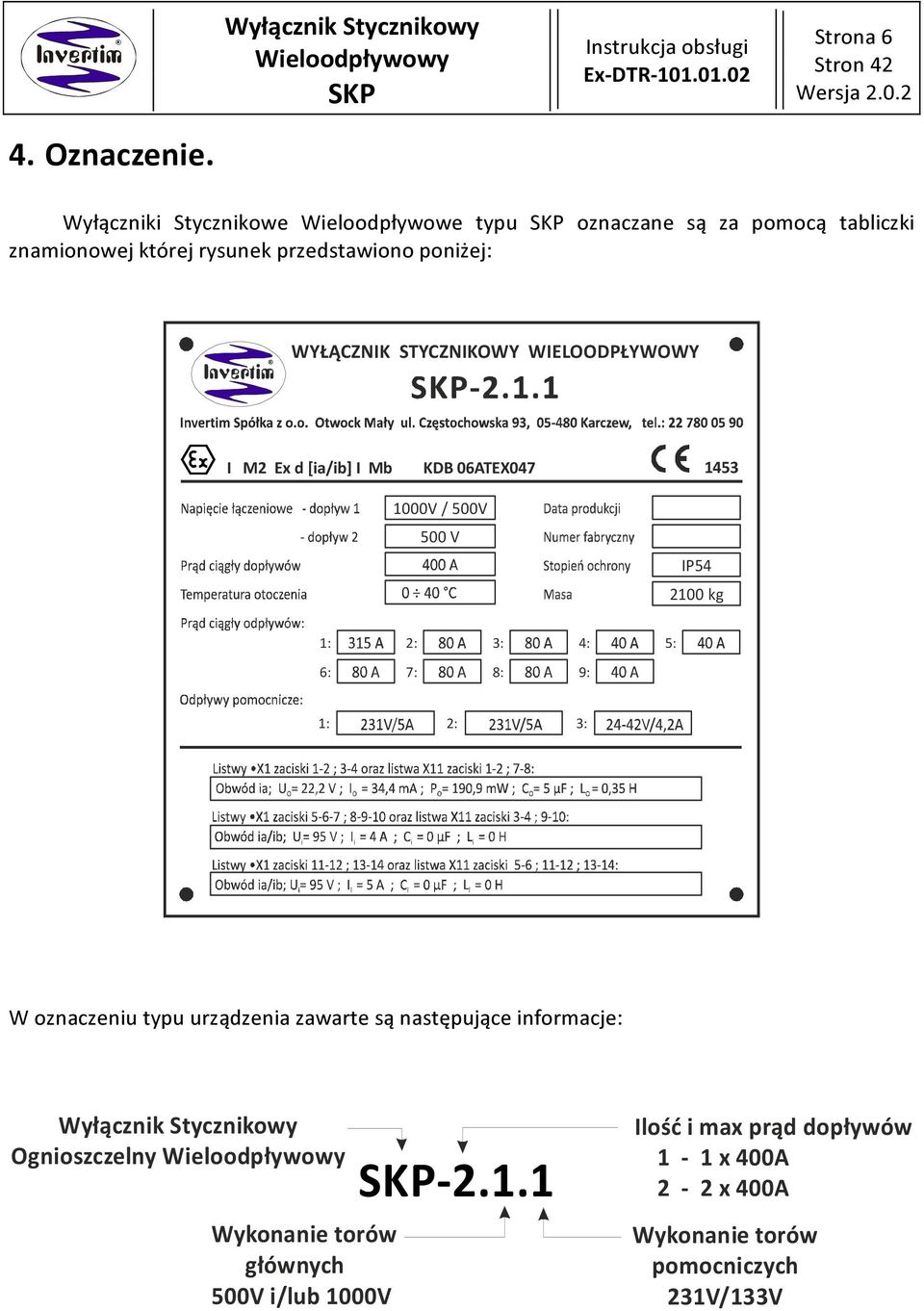 WYŁĄCZNIK STYCZNIKOWY WIELOODPŁYWOWY I M2 Ex d [ia/ib] I Mb KDB 06ATEX047 1000V / 500V 500 V 1453 12/2007 18 IP54 2100 kg 1: 2: 3: