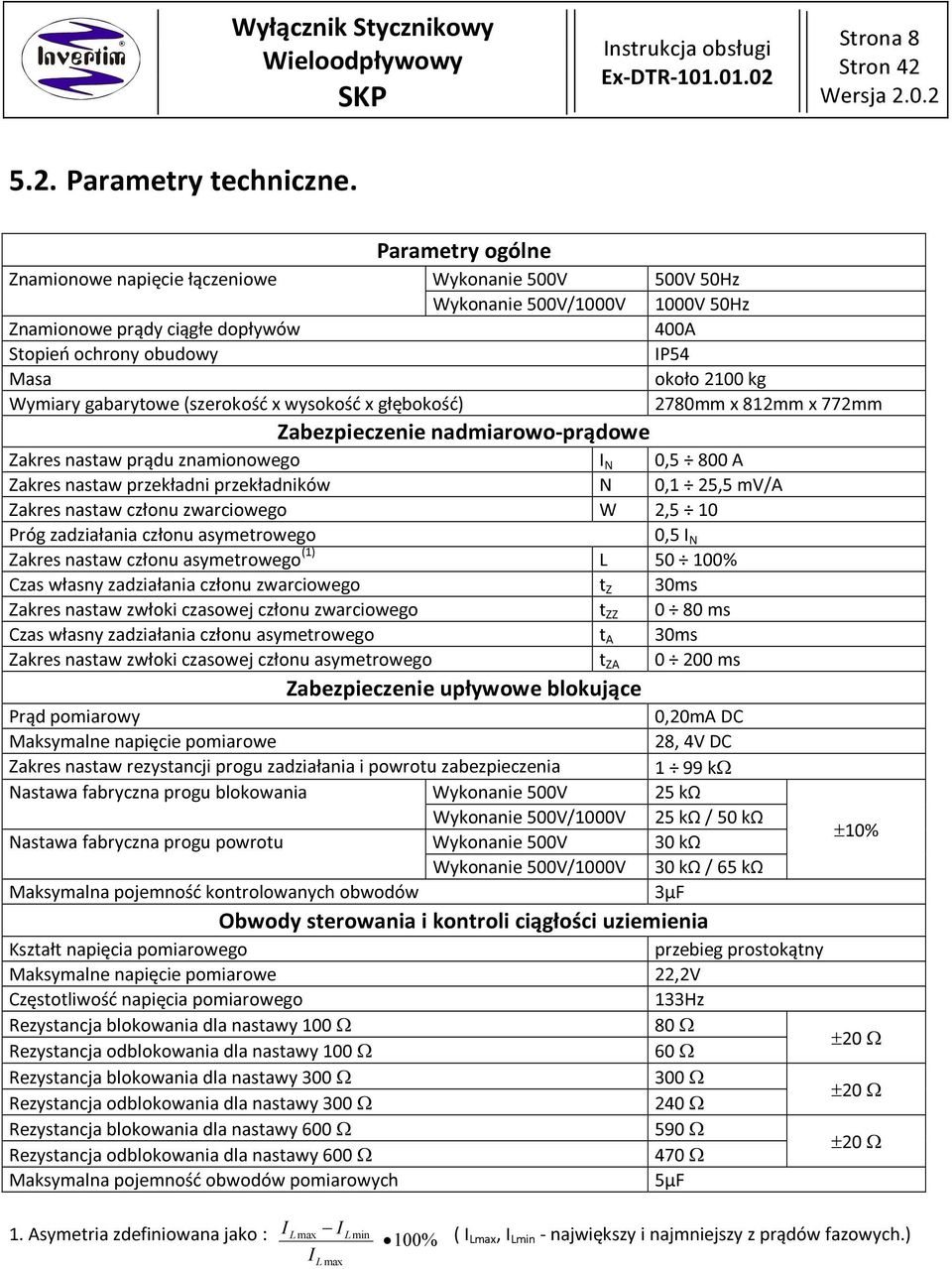 gabarytowe (szerokość x wysokość x głębokość) 2780mm x 812mm x 772mm Zabezpieczenie nadmiarowo-prądowe Zakres nastaw prądu znamionowego I N 0,5 800 A Zakres nastaw przekładni przekładników N 0,1 25,5