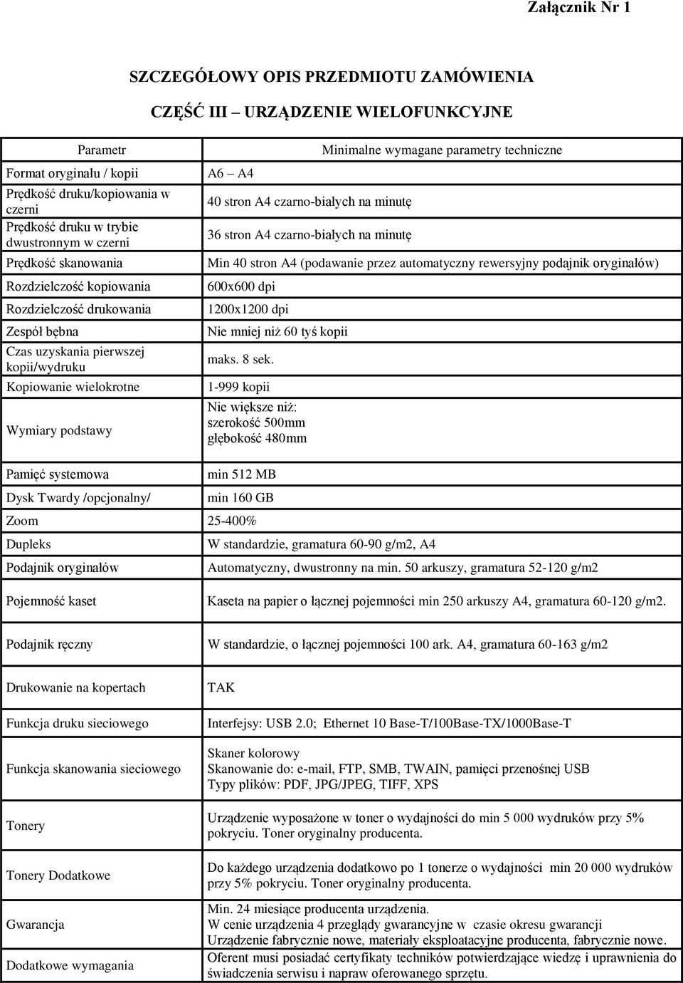 na minutę Minimalne wymagane parametry techniczne Min 40 stron A4 (podawanie przez automatyczny rewersyjny podajnik oryginałów) 600x600 dpi 1200x1200 dpi Nie mniej niż 60 tyś kopii maks. 8 sek.
