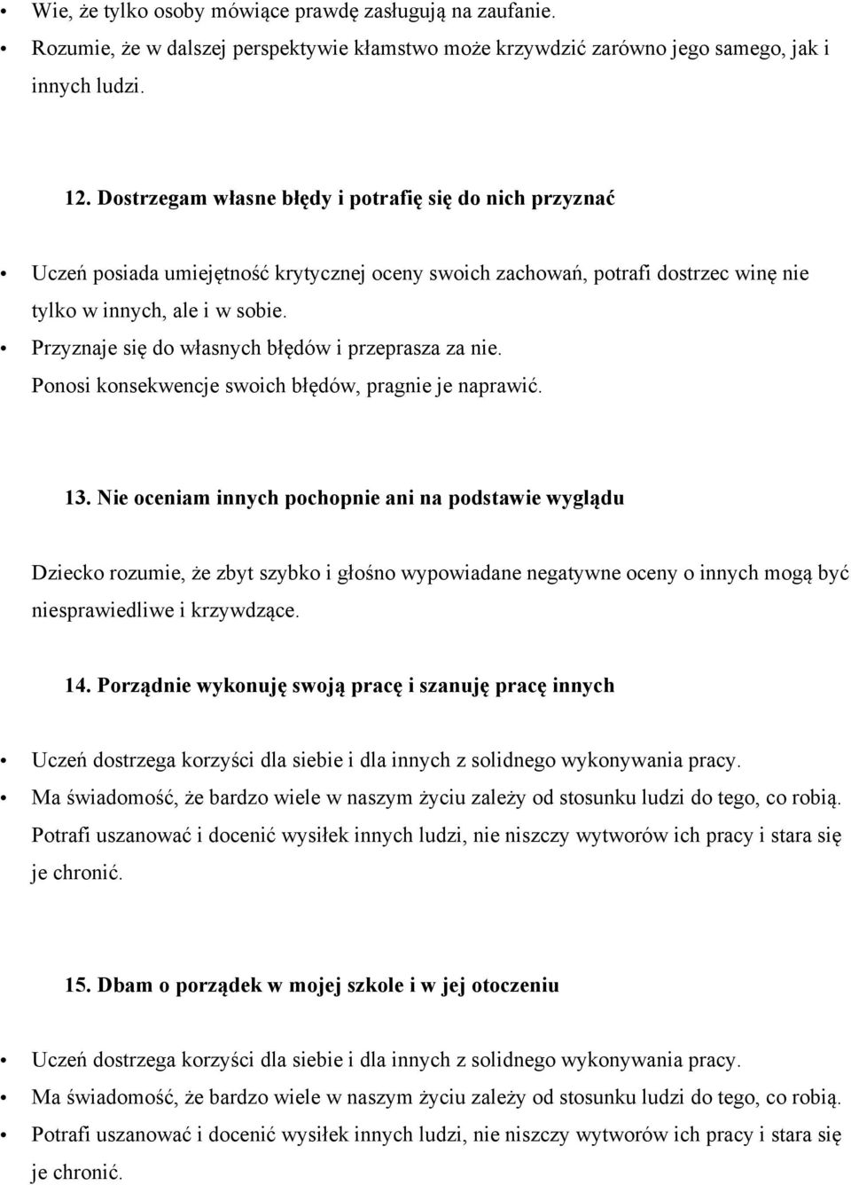 Przyznaje się do własnych błędów i przeprasza za nie. Ponosi konsekwencje swoich błędów, pragnie je naprawić. 13.