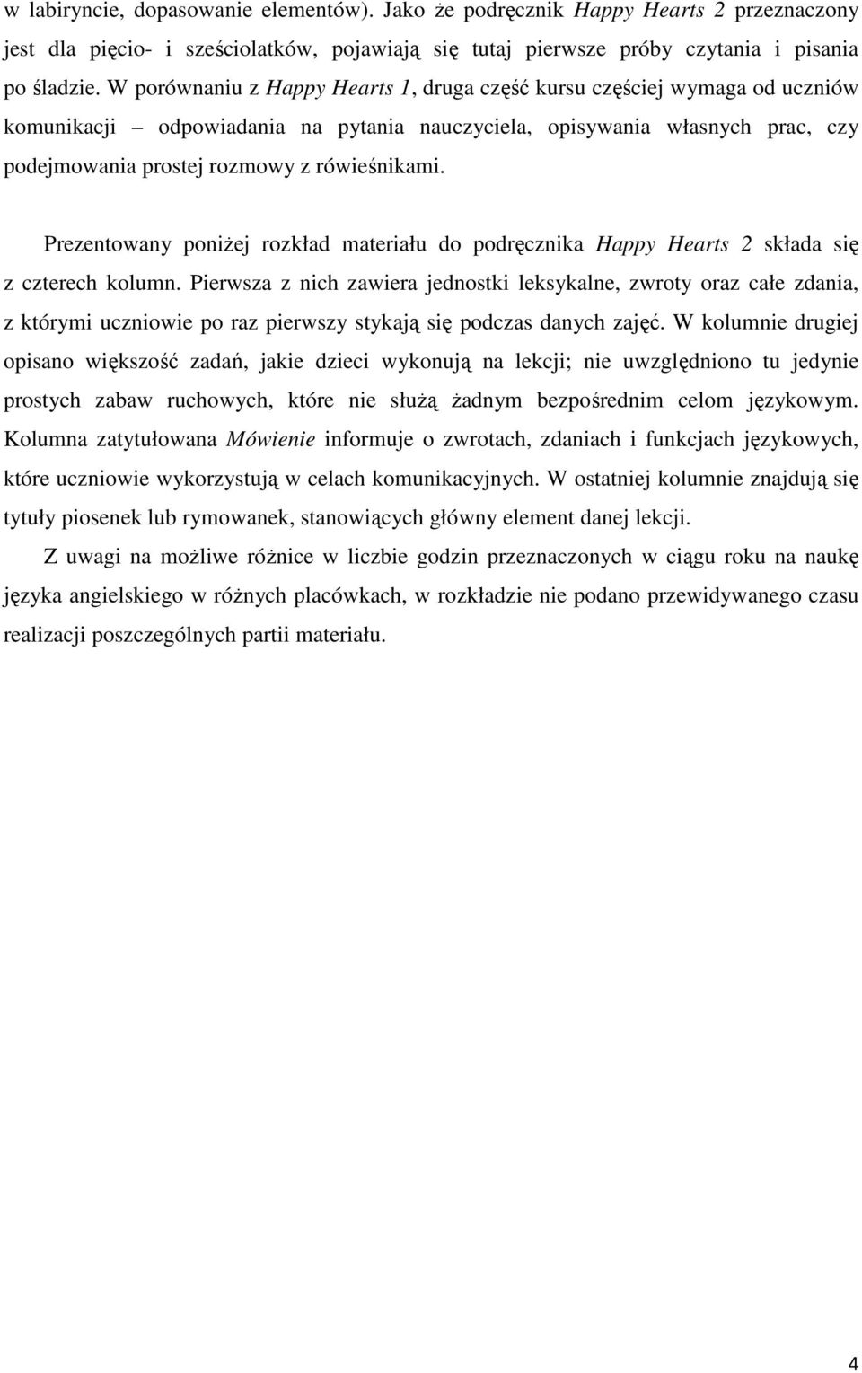 Prezentowany poniŝej rozkład materiału do podręcznika Happy Hearts 2 składa się z czterech kolumn.