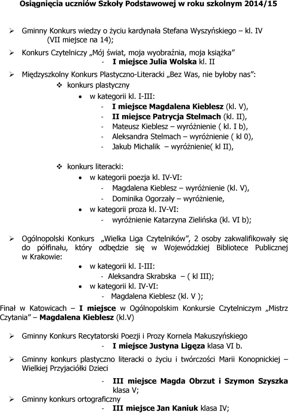 II Międzyszkolny Konkurs Plastyczno-Literacki Bez Was, nie byłoby nas : konkurs plastyczny w kategorii kl. I-III: - I miejsce Magdalena Kieblesz (kl. V), - II miejsce Patrycja Stelmach (kl.