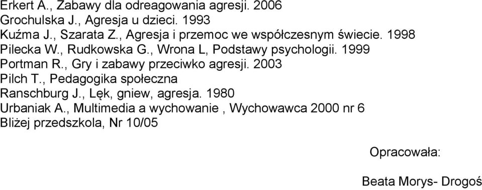 1999 Portman R., Gry i zabawy przeciwko agresji. 2003 Pilch T., Pedagogika społeczna Ranschburg J.
