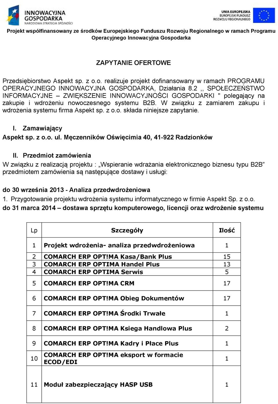 o. składa niniejsze zapytanie. I. Zamawiający Aspekt sp. z o.o. ul. Męczenników Oświęcimia 40, 4-922 Radzionków II.