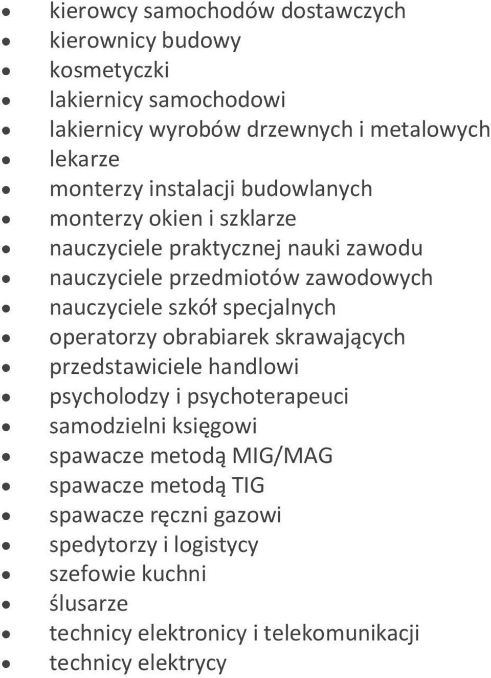 specjalnych operatorzy obrabiarek skrawających przedstawiciele handlowi psycholodzy i psychoterapeuci samodzielni księgowi spawacze metodą