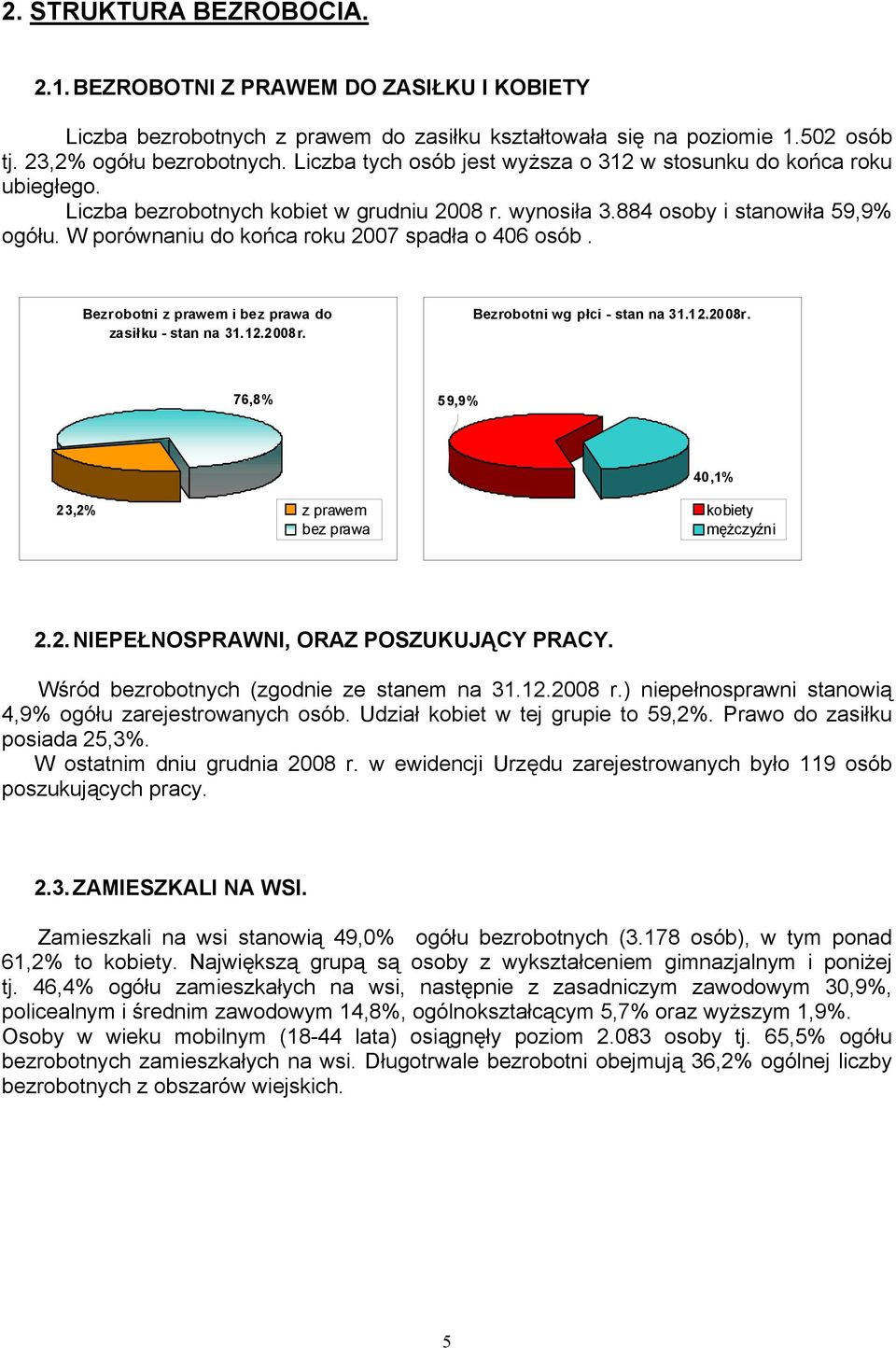 W porównaniu do końca roku 2007 spadła o 406 osób. Bezrobotni z prawem i bez prawa do zasiłku - stan na 31.12.2008r. Bezrobotni wg płci - stan na 31.12.2008r. 76,8% 59,9% 23,2% z prawem bez prawa 40,1% kobiety mężczyźni 2.