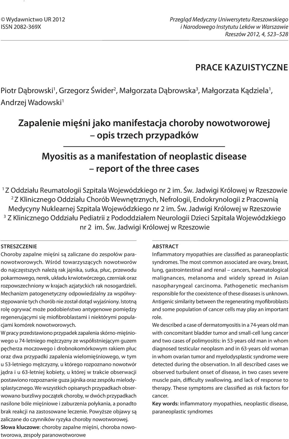 Wadowski 1 Zapalenie mięśni jako manifestacja choroby nowotworowej opis trzech przypadków Myositis as a manifestation of neoplastic disease report of the three cases 1 Z Oddziału Reumatologii