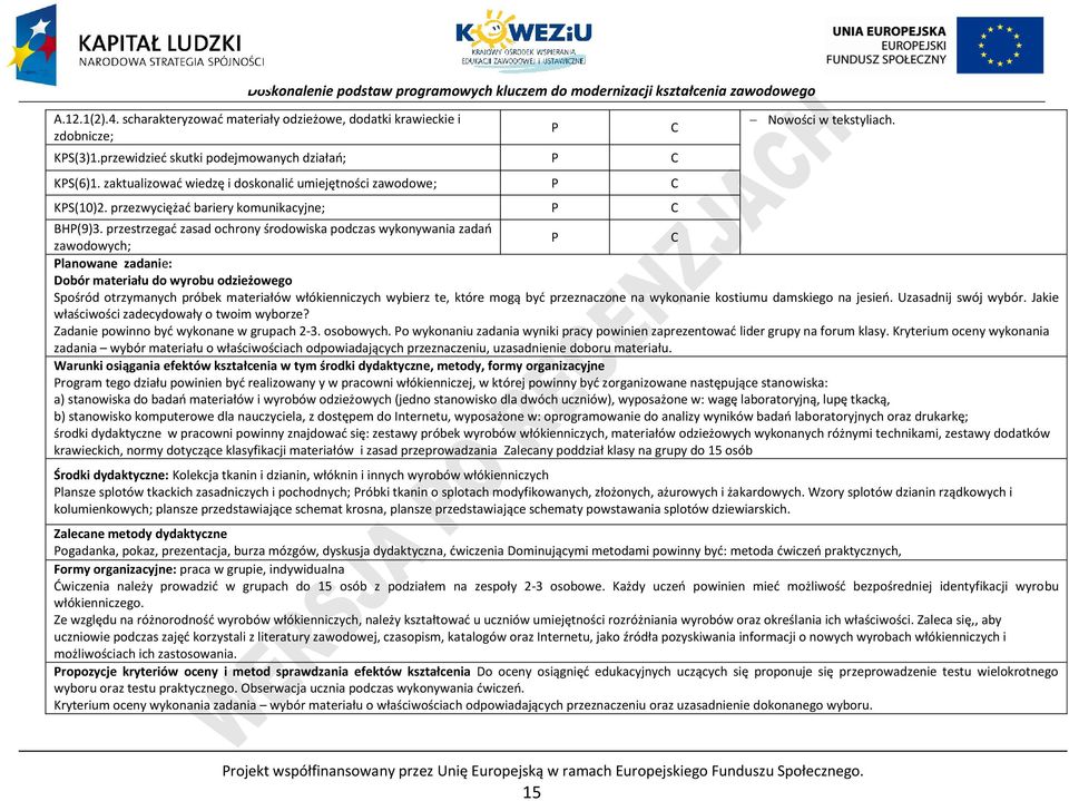 przestrzegać zasad ochrony środowiska podczas wykonywania zadań zawodowych; lanowane zadanie: Dobór materiału do wyrobu odzieżowego Spośród otrzymanych próbek materiałów włókienniczych wybierz te,