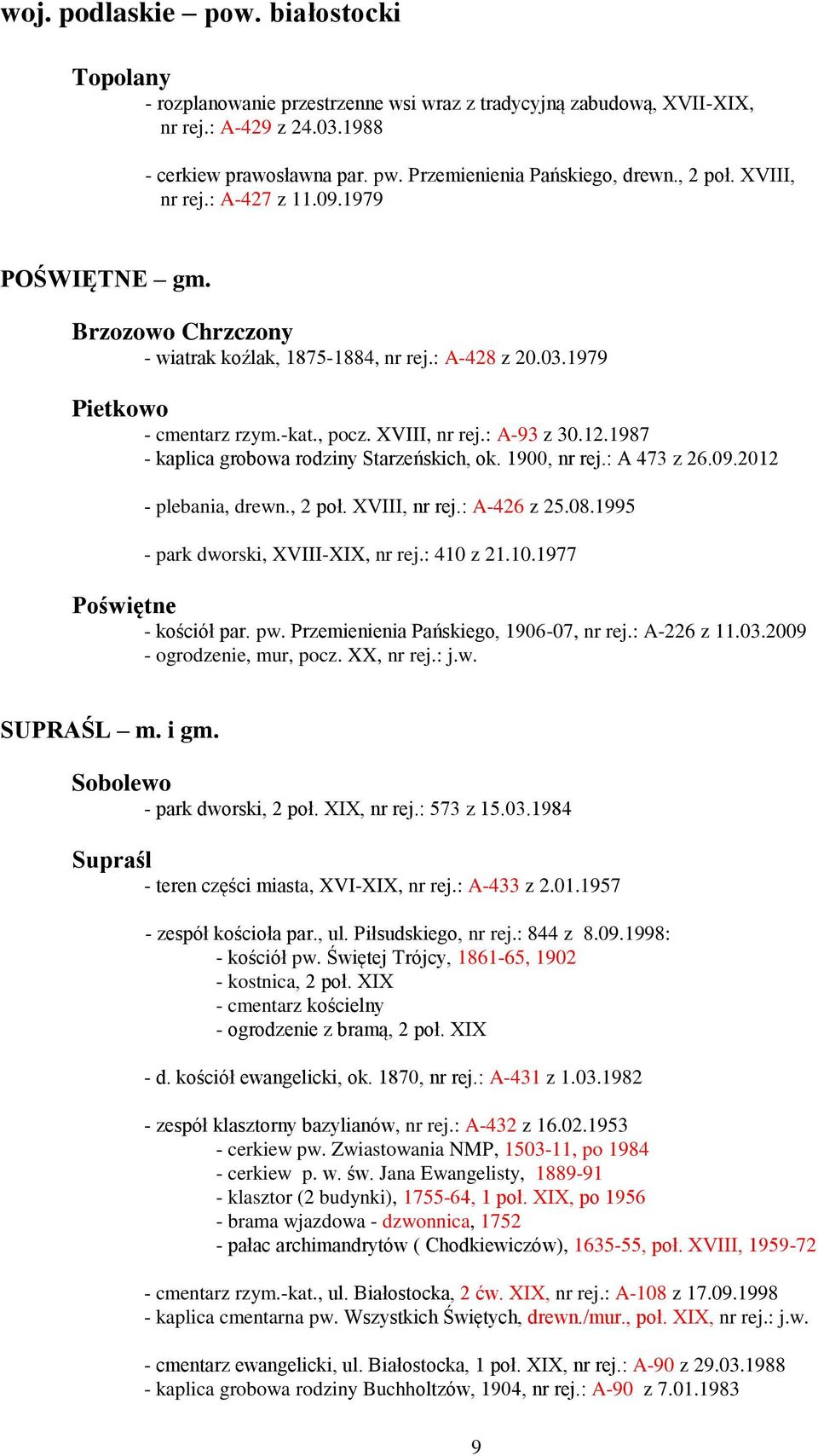 , pocz. XVIII, nr rej.: A-93 z 30.12.1987 - kaplica grobowa rodziny Starzeńskich, ok. 1900, nr rej.: A 473 z 26.09.2012 - plebania, drewn., 2 poł. XVIII, nr rej.: A-426 z 25.08.