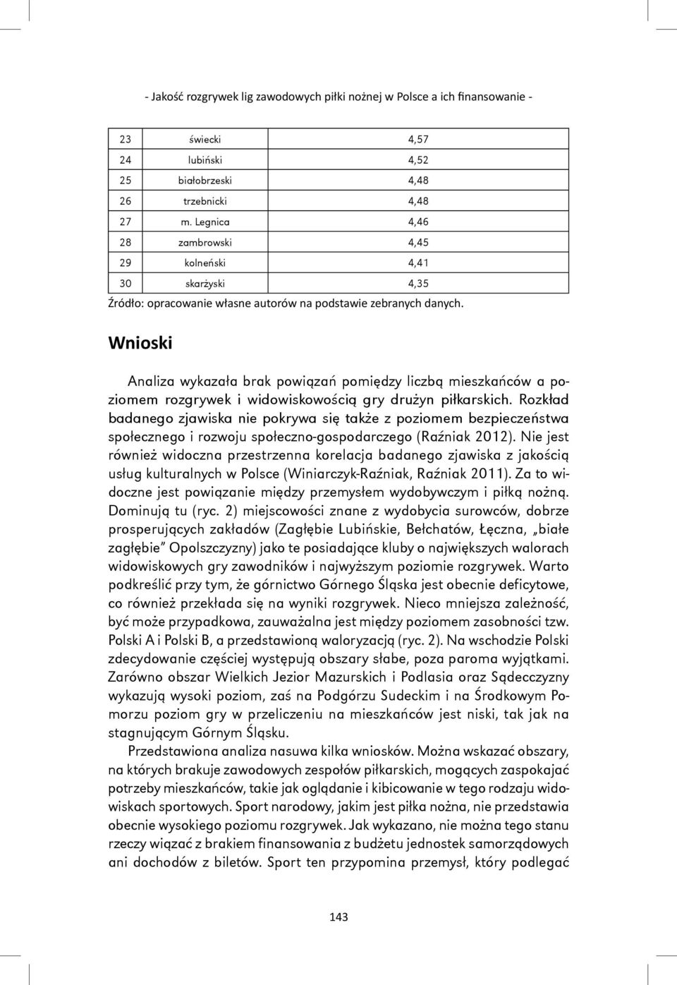 Wnioski Analiza wykazała brak powiązań pomiędzy liczbą mieszkańców a poziomem rozgrywek i widowiskowością gry drużyn piłkarskich.