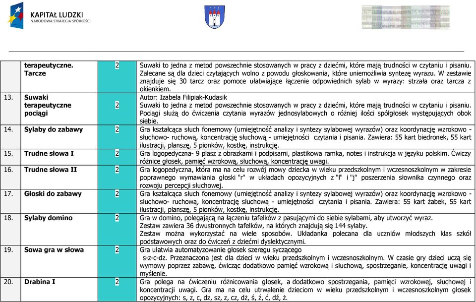 W zestawie znajduje się 30 tarcz oraz pomoce ułatwiające łączenie odpowiednich sylab w wyrazy: strzała oraz tarcza z okienkiem.