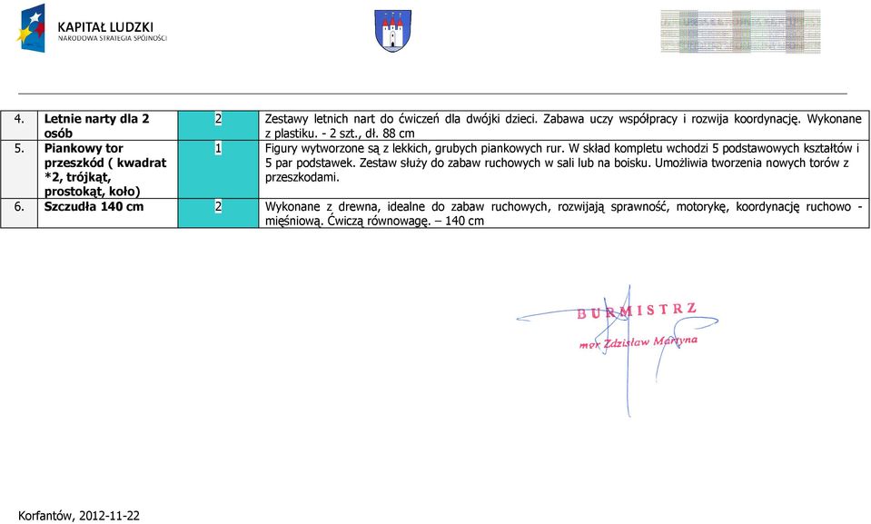 W skład kompletu wchodzi 5 podstawowych kształtów i 5 par podstawek. Zestaw służy do zabaw ruchowych w sali lub na boisku.