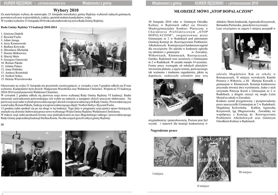 W wyniku wyborów 21 listopada 2010 roku ukształtowała się nowa Rada Gminy Rędziny. Rada Gminy Rędziny VI kadencji 2010-2014 1. Grażyna Dudzik 2. Ryszard Fuchs 3. Adam Jaruga 4. Jerzy Komorowski 5.