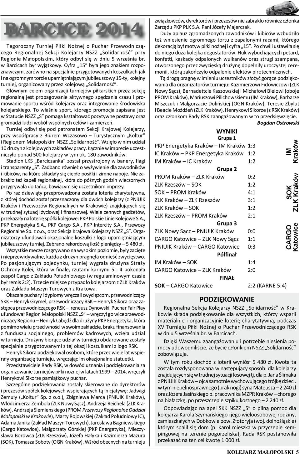 Cyfra 15 była jego znakiem rozpoznawczym, zarówno na specjalnie przygotowanych koszulkach jak i na ogromnym torcie upamiętniającym jubileuszowy 15-ty, kolejny turniej, organizowany przez kolejową