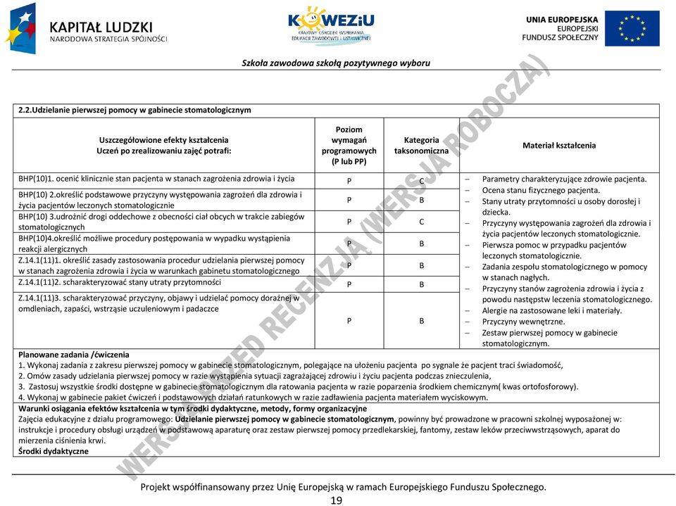 określić podstawowe przyczyny występowania zagrożeń dla zdrowia i życia pacjentów leczonych stomatologicznie Stany utraty przytomności u osoby dorosłej i dziecka. H(10) 3.