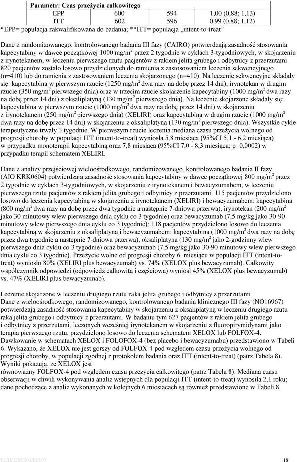 dawce początkowej 1000 mg/m 2 przez 2 tygodnie w cyklach 3-tygodniowych, w skojarzeniu z irynotekanem, w leczeniu pierwszego rzutu pacjentów z rakiem jelita grubego i odbytnicy z przerzutami.