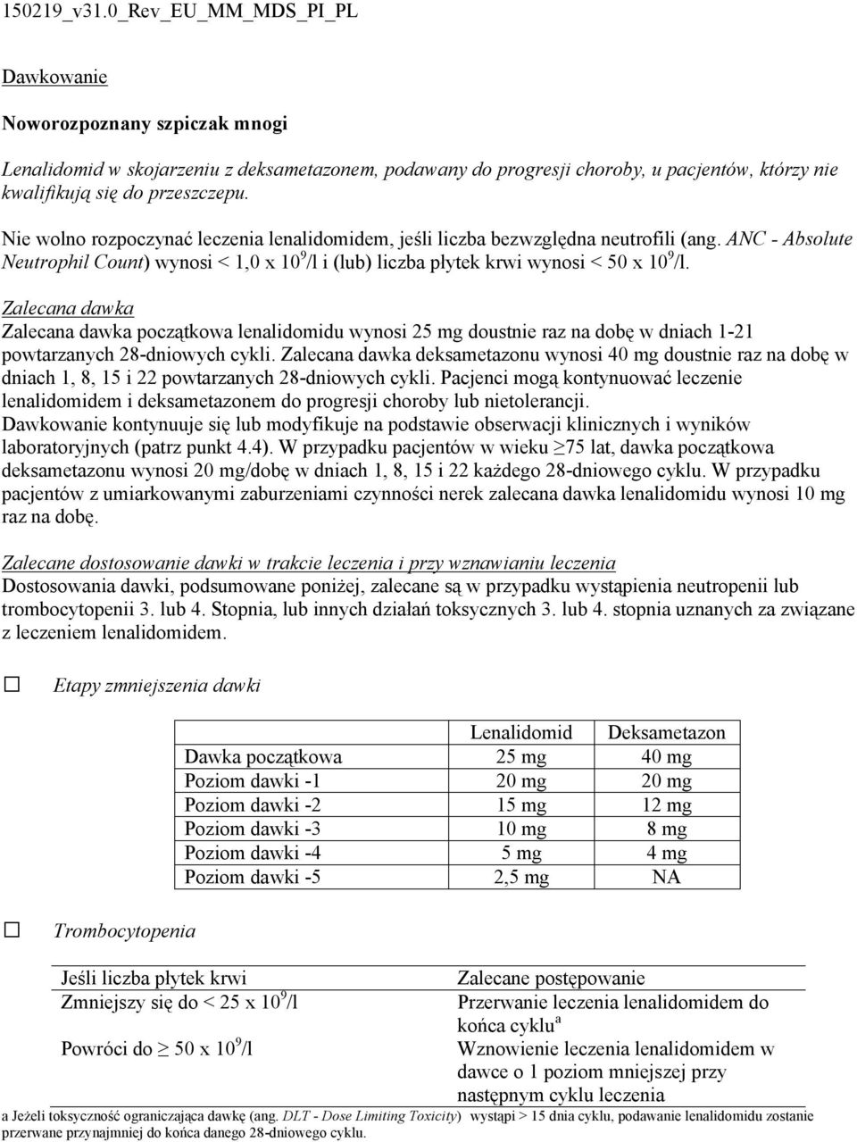 Zalecana dawka Zalecana dawka początkowa lenalidomidu wynosi 25 mg doustnie raz na dobę w dniach 1-21 powtarzanych 28-dniowych cykli.